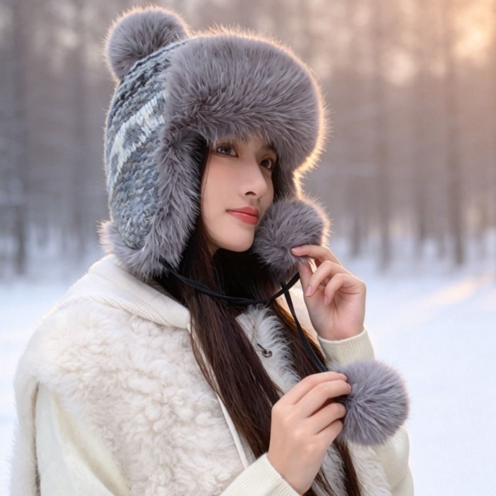 스타일리시한 폴리에스터 니트 트래퍼 모자, 폼폼 장식, - Winter Trapper Hat 리뷰 및 가격